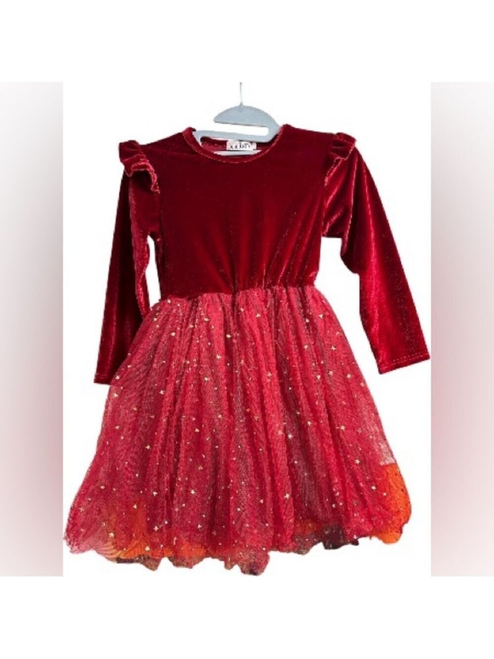 NNJXD Princess Girl Long Sleeve Red Velvet Gold Star Tulle Party Dress - Picture 3 of 15